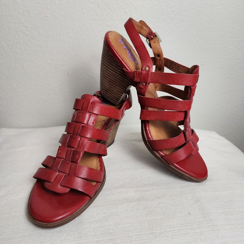 Red Leather Strappy Chunky Block Heels Indigo by Sublime Size 8.5